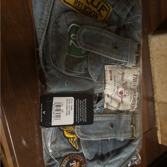 True Religion Blue Denim Bag with Colorful Patches - Picture 9 of 10